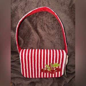 Studio Red and White Striped Beaded Shoulder Bag